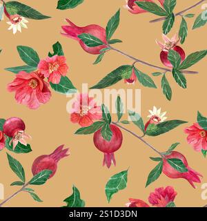 Un ramo con melograni, fiori e foglie che scaldano acquerello motivo senza cuciture su colore arancione. Elemento di frutta realistico disegnato a mano per l'arredamento della casa Foto Stock