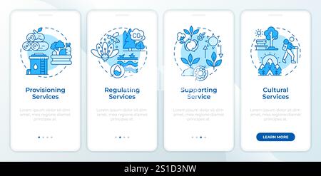 Schermata blu dell'app mobile onboarding dei servizi dell'ecosistema Illustrazione Vettoriale