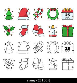 graziosa collezione di elementi vettoriali natalizi dallo stile delineato Illustrazione Vettoriale