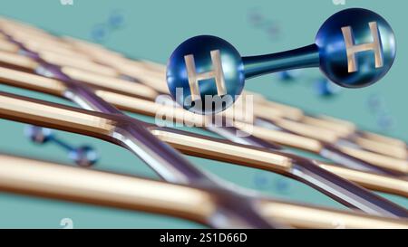 rendering 3d della struttura in acciaio inossidabile e delle molecole di idrogeno disperse come simbolo della produzione di idrogeno Foto Stock