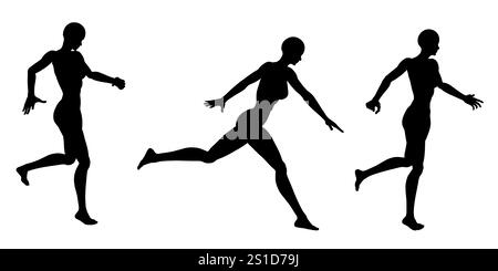 Tre silhouette di donne che corrono. La prima donna e' al centro della foto, la seconda e' a sinistra, e la terza e' a destra Illustrazione Vettoriale
