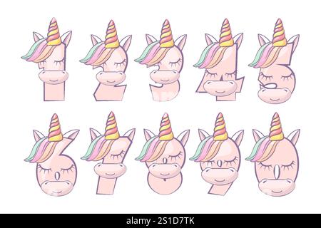 Numeri dei cartoni animati come unicorni da 0 a 9. Simpatici numeri di unicorno illustrati per la festa di compleanno. Calligrafia, lettere, tipografia per la vostra istruzione Illustrazione Vettoriale