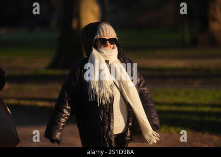 Una persona affronta il freddo camminando attraverso Green Park nel centro di Londra. L'Agenzia per la sicurezza sanitaria del Regno Unito (UKHSA) ha emesso avvisi di salute in caso di basse temperature per tutta l'Inghilterra prima di una settimana di basse temperature. Gli allarmi Amber sono stati emessi dalle 12:00 di giovedì fino all'8 gennaio, il che significa che è probabile un aumento dei decessi, in particolare tra coloro di età pari o superiore ai 65 anni o con condizioni di salute, ha detto l'UKHSA. Data foto: Venerdì 3 gennaio 2025. Foto Stock