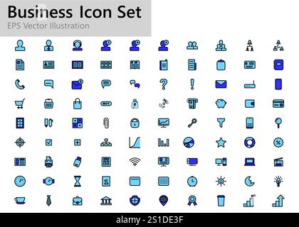 Set di icone Business e Finance. Segni neri e blu su sfondo bianco. Illustrazione Vettoriale