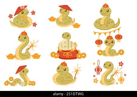 Collezione di simpatici personaggi serpenti con cappelli tradizionali, lanterne e fuochi d'artificio, che rappresentano elementi culturali cinesi. Perfetto per le vacanze, celeb Illustrazione Vettoriale