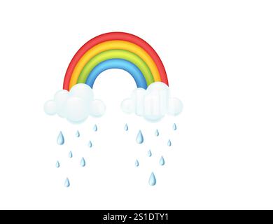 Arcobaleno con nuvole e gocce di pioggia. Ideale per temi ispiratori, meteorologici o per bambini. Illustrazione vettoriale isolata su sfondo bianco. Illustrazione Vettoriale