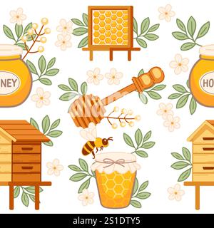 Motivo di miele a tema chiaro con favi da miele, giare, alveari e api, che simboleggiano la freschezza, miele naturale. Adatto per confezionamento di alimenti, prodotto ecologico Illustrazione Vettoriale
