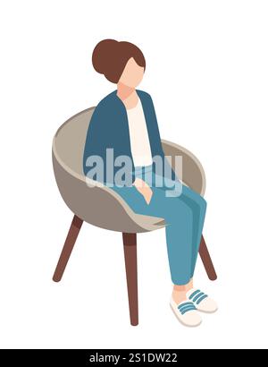 Donna isometrica seduta su una sedia moderna con una postura informale, un ambiente rilassato o conversazionale. Ideale per rappresentare discussioni informali o co Illustrazione Vettoriale