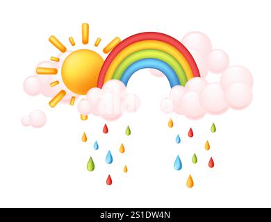 Arcobaleno, sole e nuvole con gocce di pioggia colorate, che rappresentano una scena meteorologica vivace e felice. Perfetto per l'arredamento dei bambini, materiali didattici o tifo Illustrazione Vettoriale