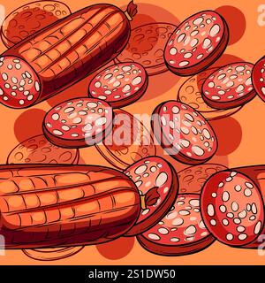 Varietà senza cuciture di affumicati e affettati, tra cui salsicce e peperoni. Ideale per pubblicità alimentare, design culinario e imballaggi. Vect Illustrazione Vettoriale