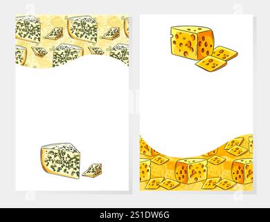 Cornice di formaggio con vari tipi di formaggi, tra cui Swiss, brie e Blue, disposti intorno a un centro vuoto per il testo o i loghi. Ideale per prodotti lattiero-caseari Illustrazione Vettoriale