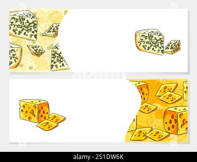 Cornice di formaggio con vari tipi di formaggi, tra cui Swiss, brie e Blue, disposti intorno a un centro vuoto per il testo o i loghi. Ideale per prodotti lattiero-caseari Illustrazione Vettoriale