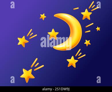 Luna di Mezzaluna e stelle con un cielo notturno viola profondo, perfetto per le storie dell'ora della buonanotte, i temi dei sogni e i disegni celesti. Illustrazione vettoriale. Illustrazione Vettoriale