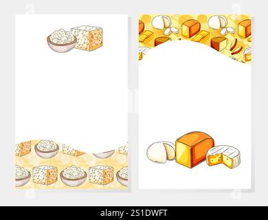 Cornice di formaggio con vari tipi di formaggi, tra cui Swiss, brie e Blue, disposti intorno a un centro vuoto per il testo o i loghi. Ideale per prodotti lattiero-caseari Illustrazione Vettoriale