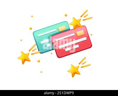 Volare su carte di credito colorate con stelle dorate e scintille cadenti. Carta di debito con chip. Illustrazione vettoriale isolata su sfondo bianco. Illustrazione Vettoriale