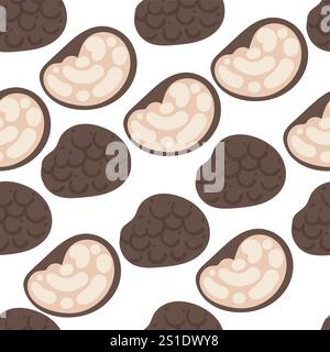 Motivo senza cuciture. Funghi al tartufo nero. Fette fresche e tartufi interi. Cibo biologico di lusso. Illustrazione vettoriale su sfondo bianco. Illustrazione Vettoriale