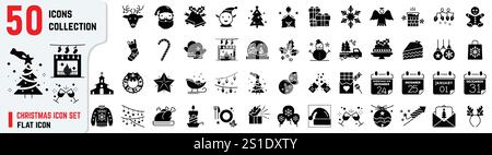 Icone piatte natalizie: Elementi di design per festività, inverno e festività, icone piene per la vigilia di Natale Illustrazione Vettoriale