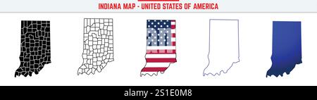 Mappa Indiana con icona traccia modificabile. Icona linea sottile Stato Indiana USA, illustrazione vettoriale della mappa Indiana, Indiana, mappa vettoriale con silhouette blu Illustrazione Vettoriale