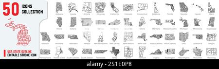 Il set di icone di tratto modificabile dello stato degli Stati Uniti include anche New York, Iowa, UTAH, Texas, Alabama e California. Mappa degli Stati Uniti, mappa singola della città con linee sottili Illustrazione Vettoriale