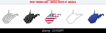 Mappa della Virginia Occidentale con icona di traccia modificabile. Icona della linea sottile dello stato della Virginia Occidentale, illustrazione vettoriale della mappa della Virginia Occidentale, Virginia Occidentale, WV Illustrazione Vettoriale