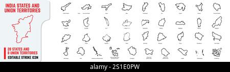 Icone di traccia modificabili dei 28 stati dell'India con territori dell'Unione. Stati come Tamil Nadu, Delhi, Mumbai, Kolkata e molti altri Illustrazione Vettoriale