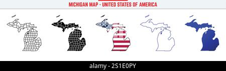 Mappa Michigan con icona di traccia modificabile. Icona della linea sottile dello stato del Michigan, illustrazione vettoriale della mappa del Michigan, Michigan, mappa vettoriale con silhouette blu mi Illustrazione Vettoriale