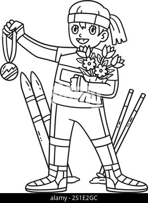 Bouquet di biathlon femminile con medaglia di biathlon isolato Illustrazione Vettoriale