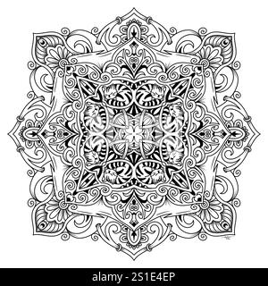 Illustrazione simmetrica astratta dei gatti addormentati. Elemento decorativo disegnato a mano. Mandala nero per colorare libri, tatuaggi, henné, motivi per t-shirt Foto Stock