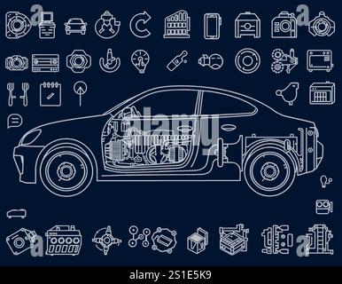 Icone di auto lineari Illustrazione Vettoriale