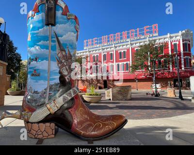 Stivale da cowboy nel centro storico di Cheyenne, Wyoming, Stati Uniti Foto Stock