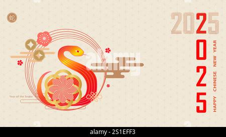 Banner orizzontale con elementi del Capodanno cinese del serpente. Motivi tradizionali, serpente stilizzato. Tradotto dal cinese - felice anno nuovo Illustrazione Vettoriale