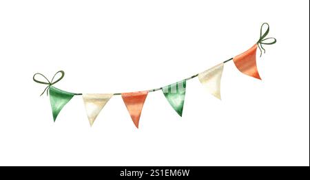 Bandiere triangolari verdi, arancioni e bianche in cordoncino nell'illustrazione dei colori nazionali irlandesi ad acquerello. Bandiera classica natalizia a forma di pennant Foto Stock