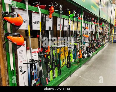 Kiev, Ucraina - 3 gennaio 2025: Una varietà di attrezzi da giardinaggio esposti in vendita sugli scaffali in un negozio al dettaglio specializzato in suppli per il miglioramento della casa Foto Stock