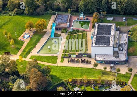 Vista aerea, piscina all'aperto Panoramabad Pappelsee, Lintfort, Kamp-Lintfort, zona della Ruhr, Renania settentrionale-Vestfalia, Germania Foto Stock