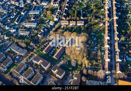 Vista aerea, Wiescherhöfen Housing estate è una proprietà immobiliare di minatori e miniere di carbone a Robertstraße, distretto di Pelkum, Hamm, zona della Ruhr, Renania settentrionale-occidentale Foto Stock