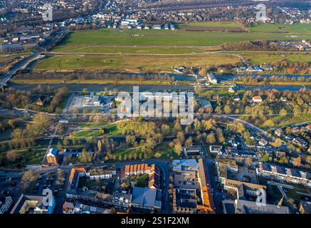 Vista aerea, palestra Hammonense e centro di sport acquatici, fiume Lippe e canale Datteln-Hamm, centro, Hamm, zona della Ruhr, Renania settentrionale-Vestfalia, tedesco Foto Stock
