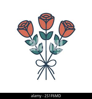 Tre semplici rose minimali legate insieme come un bouquet Flat Clean Vector San Valentino Rose Day EPS10 Illustrazione Vettoriale