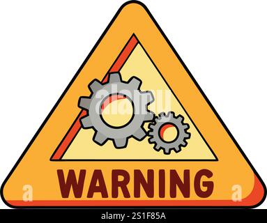 Cartelli di avvertimento in stile cartoni animati con ingranaggi, con simboli di pericolo triangolari luminosi e testo in grassetto, che rappresentano pericoli meccanici e avvisi di sicurezza Illustrazione Vettoriale