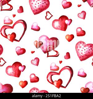 Cuori rossi e rosa con motivo senza cuciture. Illustrazione dipinta a mano ad acquerello, isolata su sfondo bianco Foto Stock