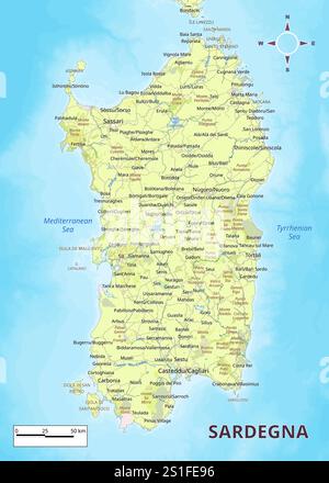 Questa mappa dettagliata mostra l'isola di Sardegna, Italia. La mappa presenta uno schema di colori verde chiaro con sfumature verdi più scure Illustrazione Vettoriale