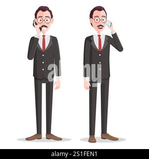 Personaggio dell'uomo d'affari Cartoon che risponde alla chiamata telefonica. Uomo d'affari che parla su smartphone e sorride, vista frontale e laterale, illustrazione vettoriale isolata Illustrazione Vettoriale