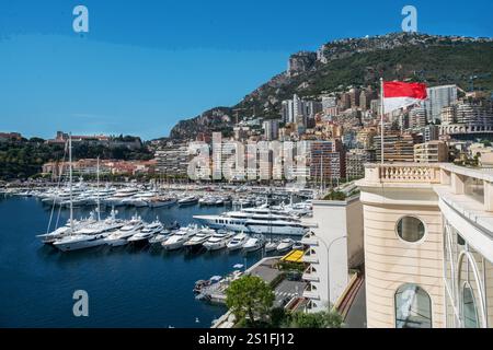 Incredibile vista aerea di Port Hercule e della bandiera di Monack e degli edifici di Monte Carlo, nonché dell'altro lato della baia e del Palazzo reale Foto Stock