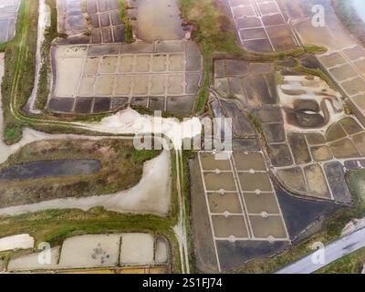 Vista aerea delle paludi saline di Guérande in Bretagna, Francia Foto Stock