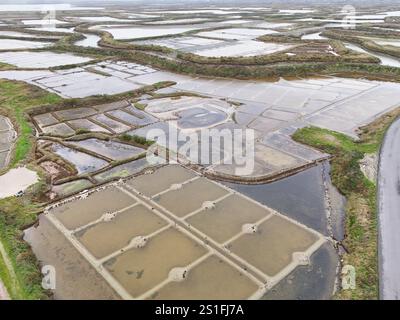 Vista aerea delle paludi saline di Guérande in Bretagna, Francia Foto Stock
