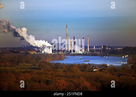 Vista dalla punta di Rheinpreussen a Duisburg con navi sul Reno e lo stabilimento Thyssen Krupp a Bruckhausen, regione della Ruhr, Germania, Europa Foto Stock