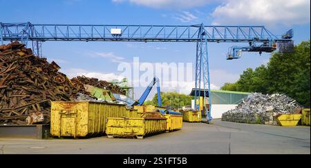 Sito di un deposito di rottami con container e gru Foto Stock