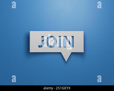 Blocco della bolla vocale con JOIN business Word. Design astratto minimalista con ritaglio bianco.rendering 3D su sfondo blu. Foto Stock