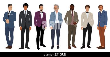 Un set di eleganti uomini d'affari che indossano smoking formale Illustrazione Vettoriale