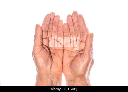 Due mani che tengono in mano, premurose, si prendono cura di qualcosa, amore, supporto, isolato su sfondo bianco. Due mani aperte e vuote di vecchia donna con le palme sollevate. Superiore Foto Stock