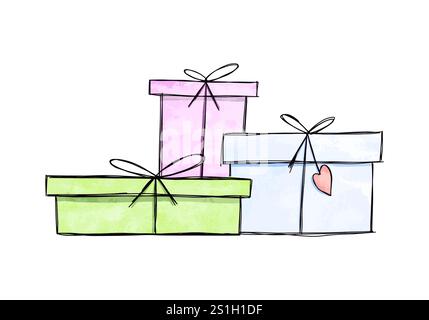 Doodle acquerello di tre confezioni regalo, illustrazione vettoriale. Illustrazione Vettoriale